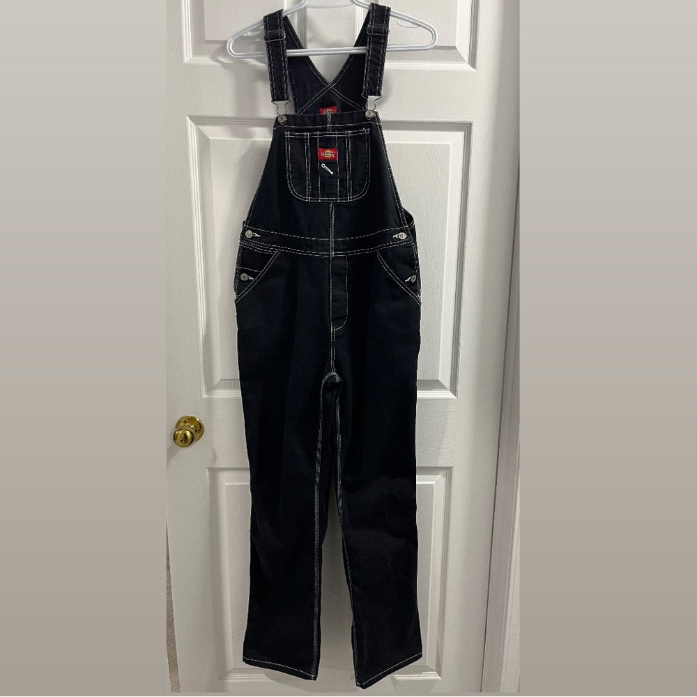 Dickies Black Denim Overalls with White Stitching